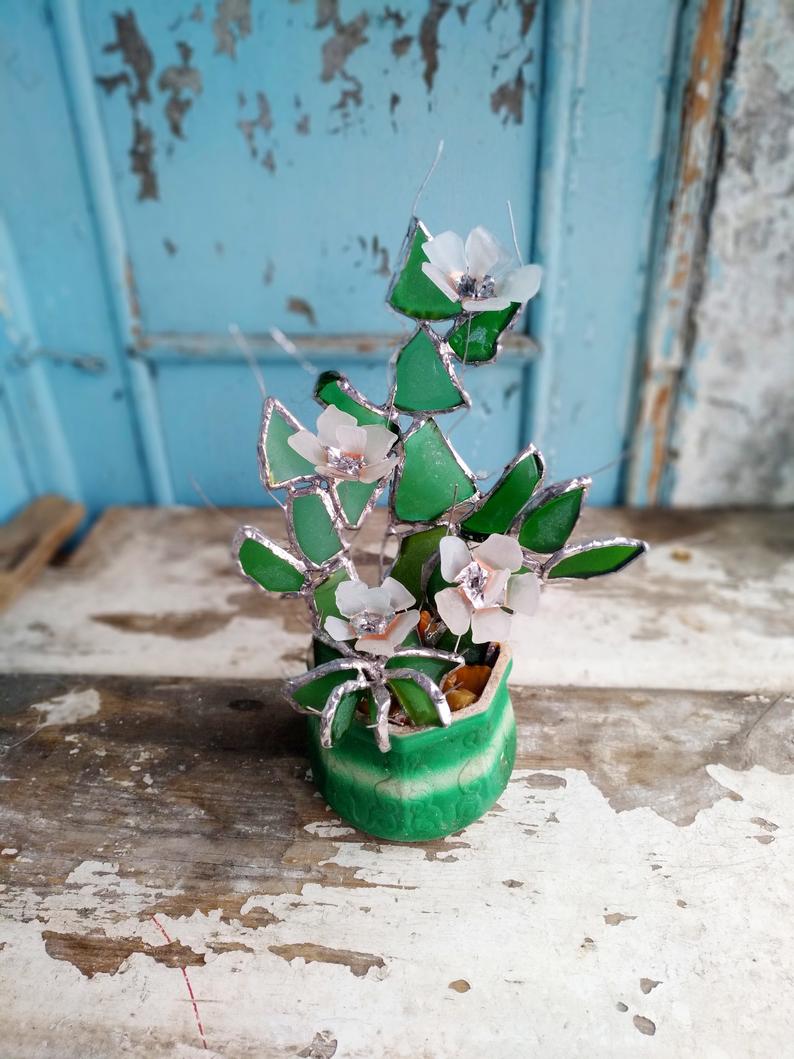 Cactus collectible figurine + flowers, sea stained glass, green blooming cactus, artificial everlasting succulent - Image 9