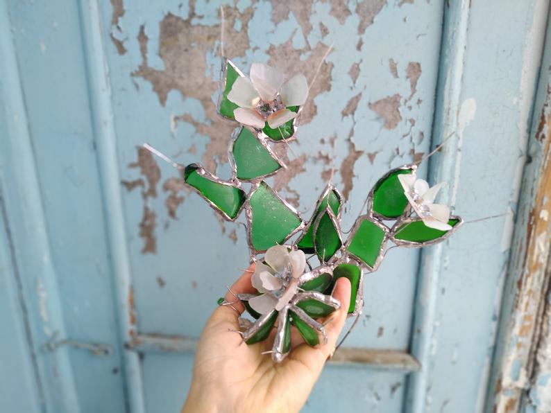Cactus collectible figurine + flowers, sea stained glass, green blooming cactus, artificial everlasting succulent - Image 2