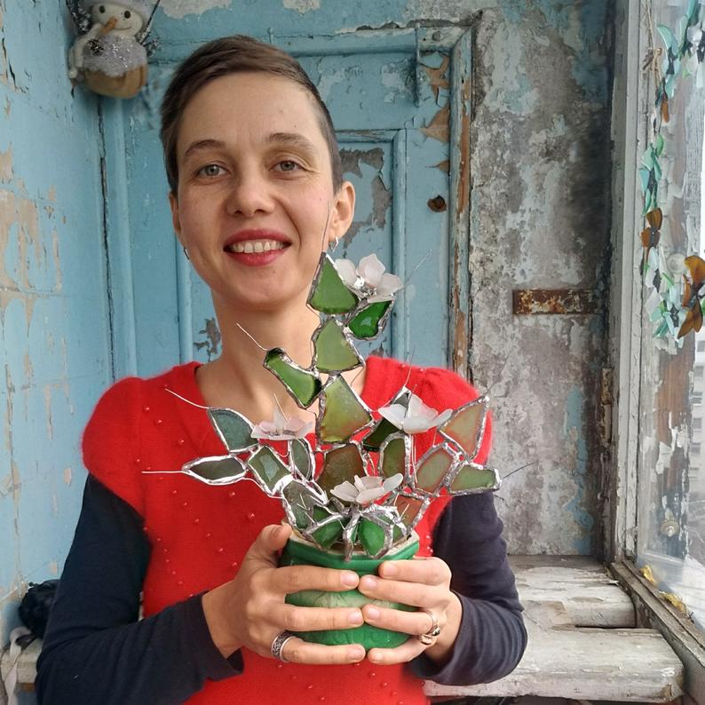 Cactus collectible figurine + flowers, sea stained glass, green blooming cactus, artificial everlasting succulent - Image 10