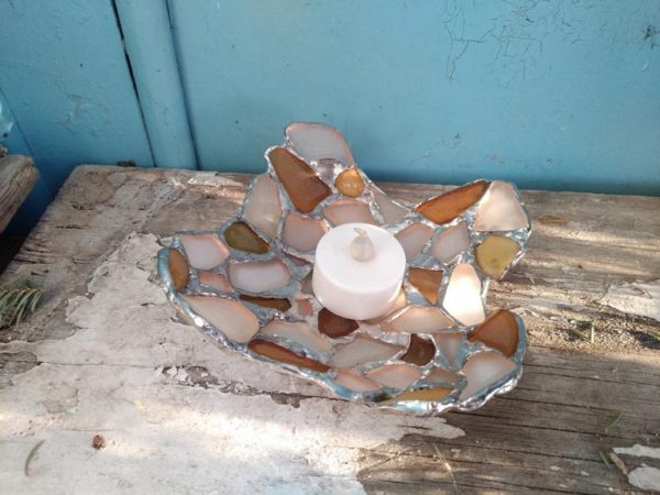 Trinket dish, irregular shaped jewelry/ring dish, sea stained glass art bowl, beach decor, tealight candle holder - Image 12