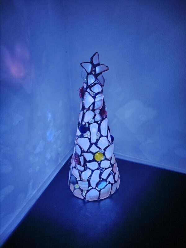 White Christmas tree, stained glass sea glass  - home decor figurine, candle holder, OOAK recycled art