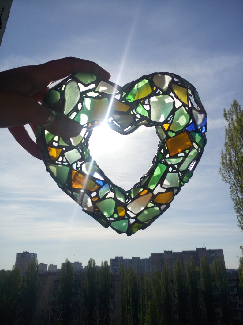 Stain Glass Heart Suncatcher, Mountains Sunset Sea Landscape Suncatcher,  Anniversary Heart Gift, Valentines Day Heart Ornament Gift 