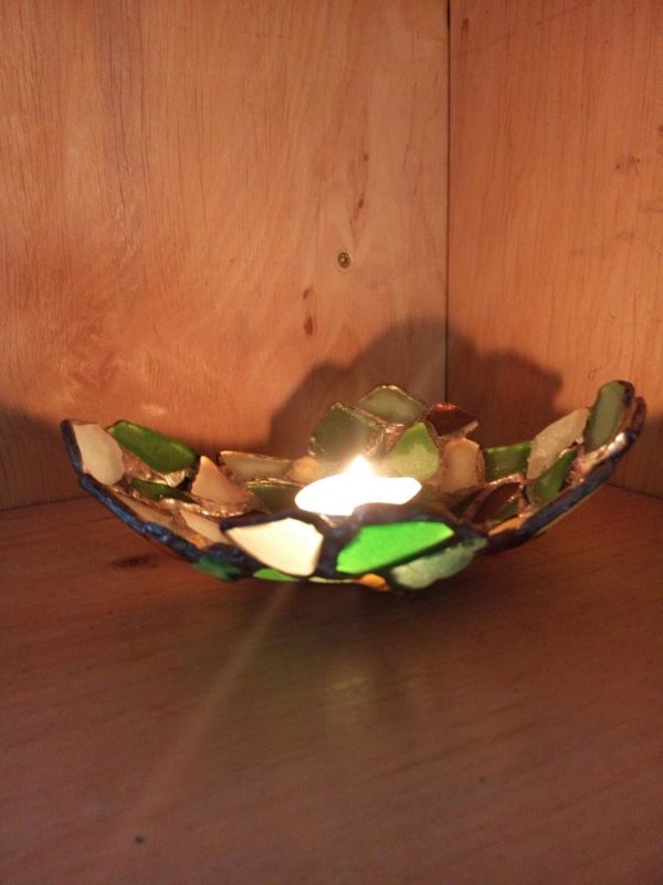 Trinket dish, irregular shaped jewelry/ring dish, sea stained glass art bowl, beach decor, tealight candle holder - Image 5