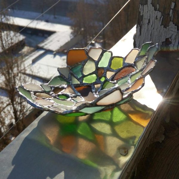 Trinket dish, irregular shaped jewelry/ring dish, sea stained glass art bowl, beach decor, tealight candle holder - Image 10