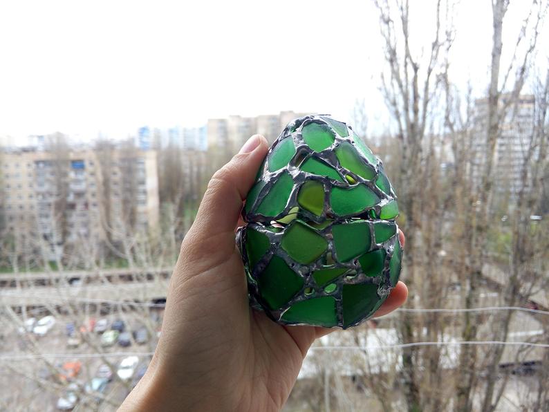 Easter egg jewelry box, sea stained glass OOAK ring box, dragon egg, collectable candle holder - Image 8