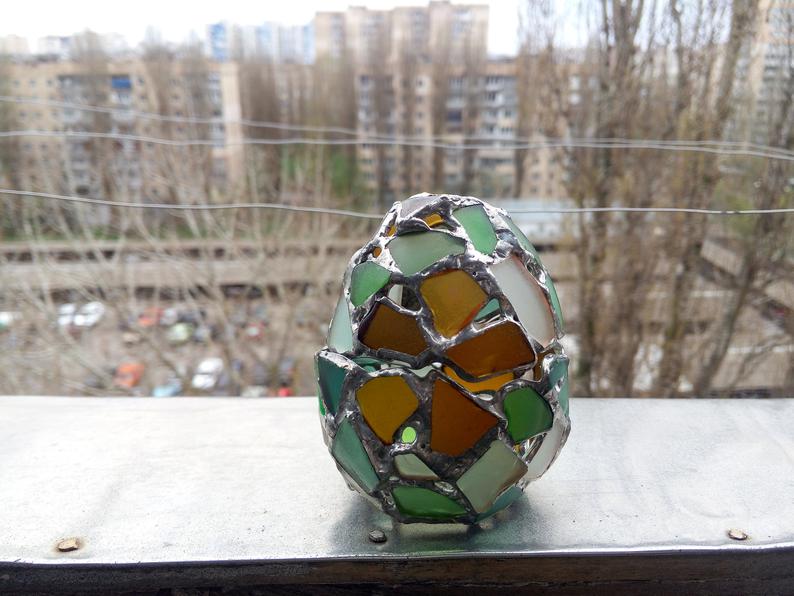 Easter egg jewelry box, sea stained glass OOAK ring box, dragon egg, collectable candle holder - Image 5