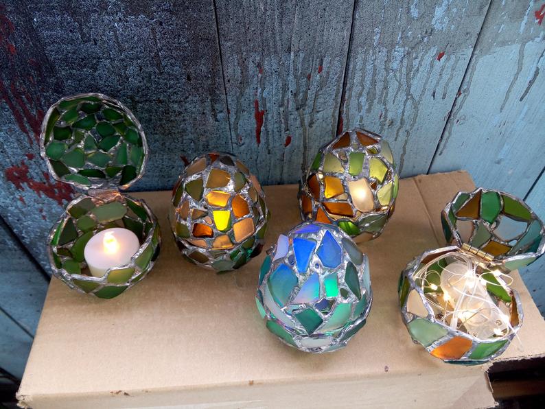 Easter egg jewelry box, sea stained glass OOAK ring box, dragon egg, collectable candle holder - Image 9