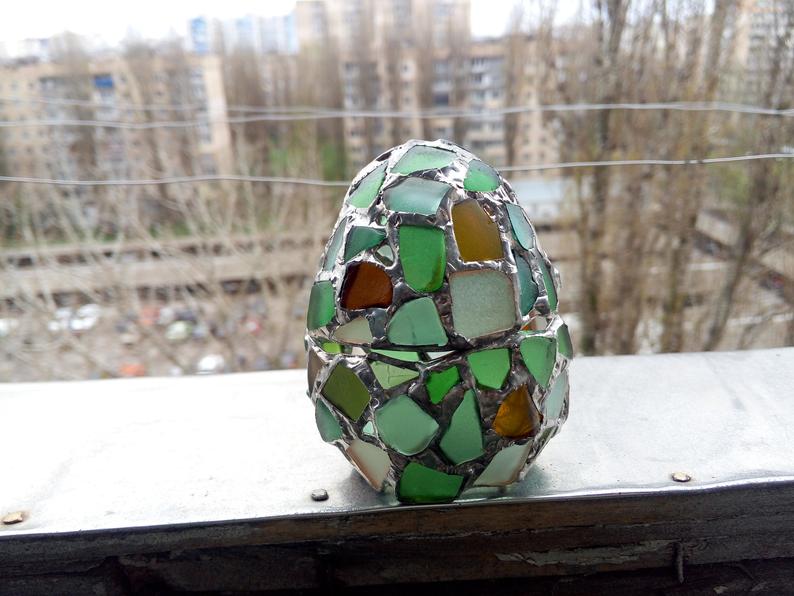 Easter egg jewelry box, sea stained glass OOAK ring box, dragon egg, collectable candle holder - Image 10