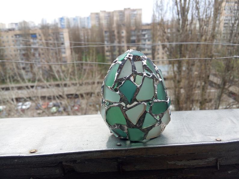 Easter egg jewelry box, sea stained glass OOAK ring box, dragon egg, collectable candle holder - Image 6