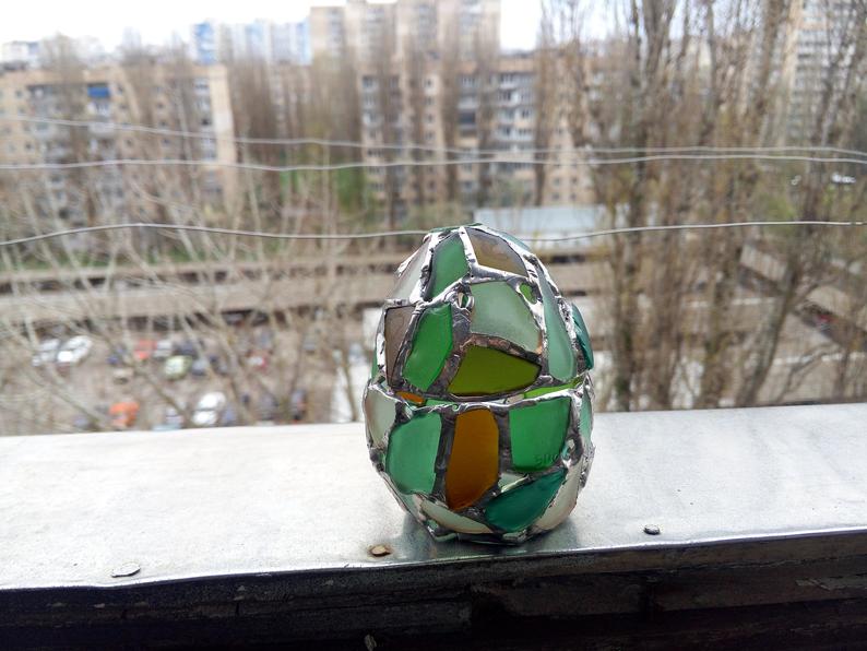 Easter egg jewelry box, sea stained glass OOAK ring box, dragon egg, collectable candle holder - Image 4