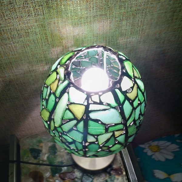 Green sea stained glass lamp, bedside table lamp, unique upcycled art - Image 4