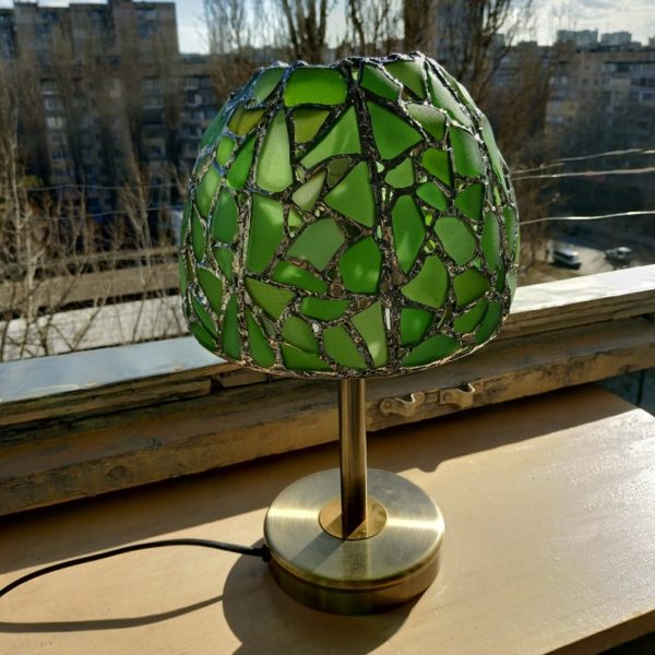 Green sea stained glass lamp, bedside table lamp, unique upcycled art - Image 2