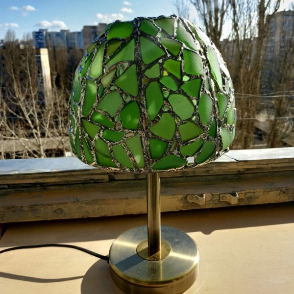 Green sea stained glass lamp, bedside table lamp, unique upcycled art - Image 7