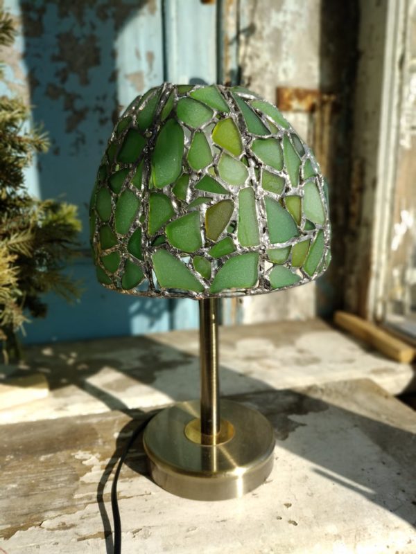 Green sea stained glass lamp, bedside table lamp, unique upcycled art - Image 3