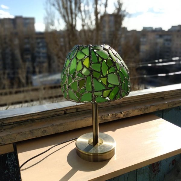 Green sea stained glass lamp, bedside table lamp, unique upcycled art - Image 9