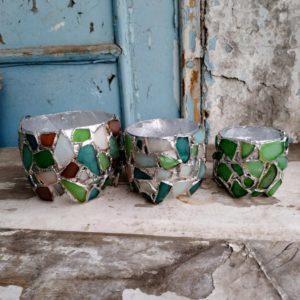 Recycled planter, sea stained glass small flower pot + glass cacti succulents, beach glass home decor