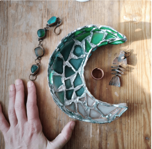 Seaglass moon and star jewelry dish, sea stained glass gradient crescent home decor, candle holder - Image 7