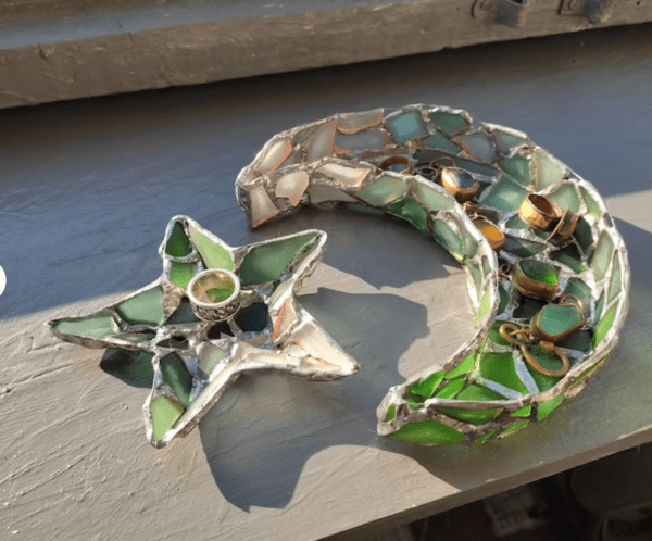 Seaglass moon and star jewelry dish, sea stained glass gradient crescent home decor, candle holder - Image 4