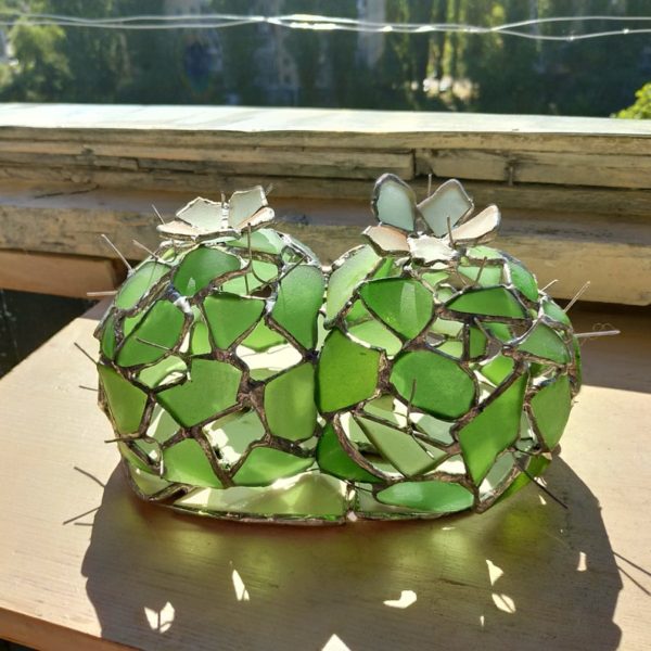 Mature erotic cactus night light, sea stained glass artificial succulent + flower, upcycled art - Image 4