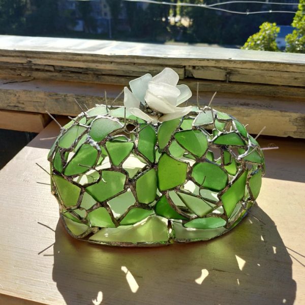 Mature erotic cactus night light, sea stained glass artificial succulent + flower, upcycled art - Image 6