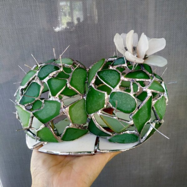 Mature erotic cactus night light, sea stained glass artificial succulent + flower, upcycled art - Image 7