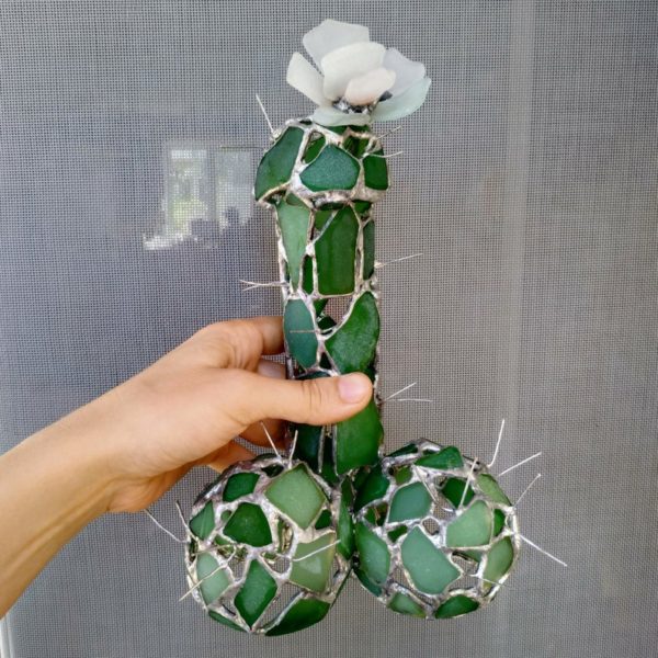 Mature erotic cactus night light, sea stained glass artificial succulent + flower, upcycled art - Image 8