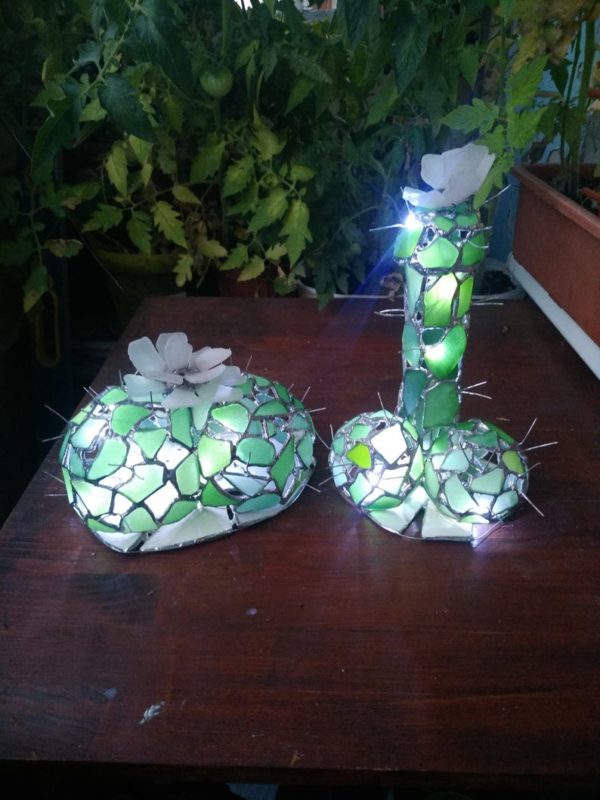 Mature erotic cactus night light, sea stained glass artificial succulent + flower, upcycled art - Image 5