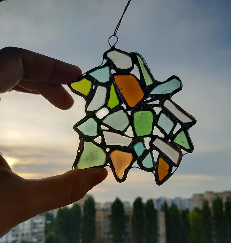 Sea glass maple leaf suncatcher, ornament, upcycled art window hanging, sea stained glass - Image 5
