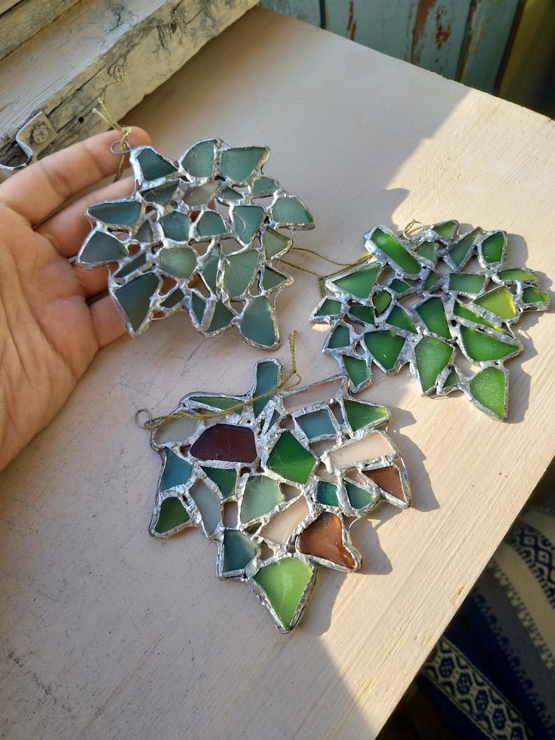 Sea glass maple leaf suncatcher, ornament, upcycled art window hanging, sea stained glass - Image 8