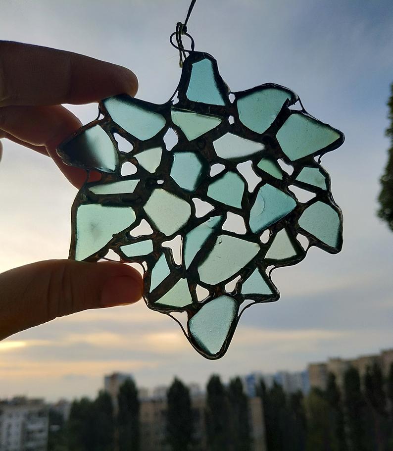 Sea glass maple leaf suncatcher, ornament, upcycled art window hanging, sea stained glass - Image 4
