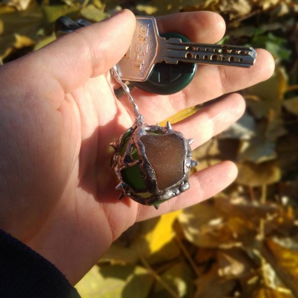 Sea glass chestnut + leaf bag charm, keychain pendant, sea stained glass ornament - Image 2