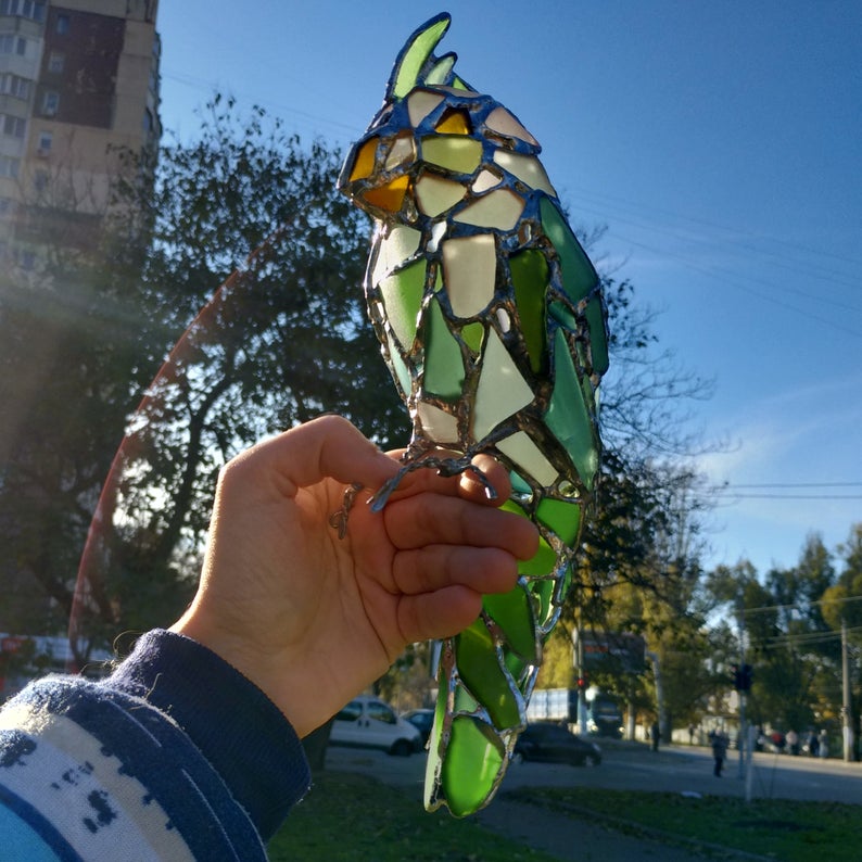 Parrot night light - sea stained glass table suncatcher, bird figurine, collectable statuette - Image 9