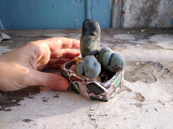 Artificial lithops succulent arrangement, beach-found unique everlasting living stones, slag and sea glass upcycled botanical art - Image 3