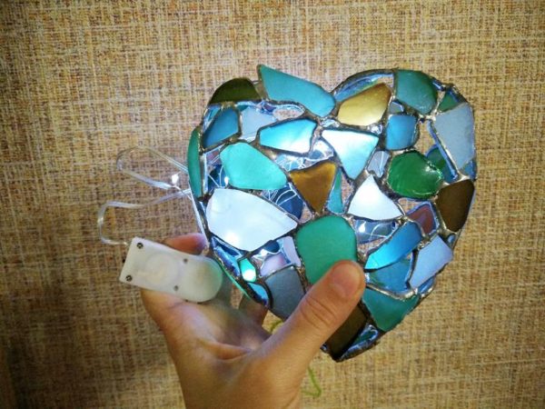 Sea stained glass heart night light, recycled art home decor - Image 3