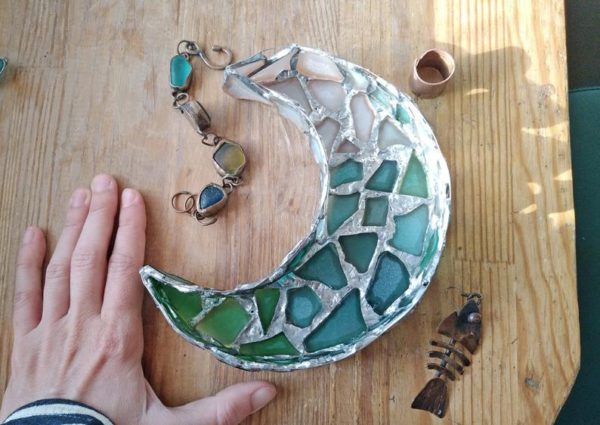 Seaglass moon and star jewelry dish, sea stained glass gradient crescent home decor, candle holder - Image 10