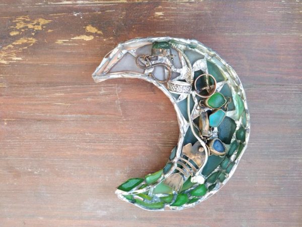 Seaglass moon and star jewelry dish, sea stained glass gradient crescent home decor, candle holder - Image 13