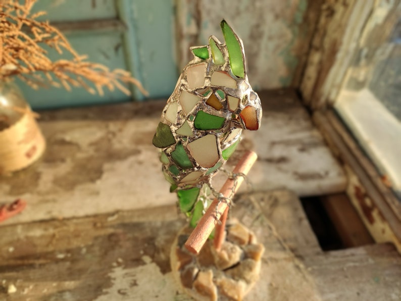 Parrot night light - sea stained glass table suncatcher, bird figurine, collectable statuette - Image 4