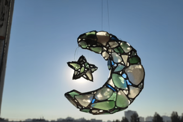 Moon + star sea glass night light, crescent stained glass wall or window hanging, suncatcher - Image 10