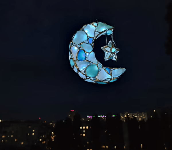 Moon + star sea glass night light, crescent stained glass wall or window hanging, suncatcher - Image 7