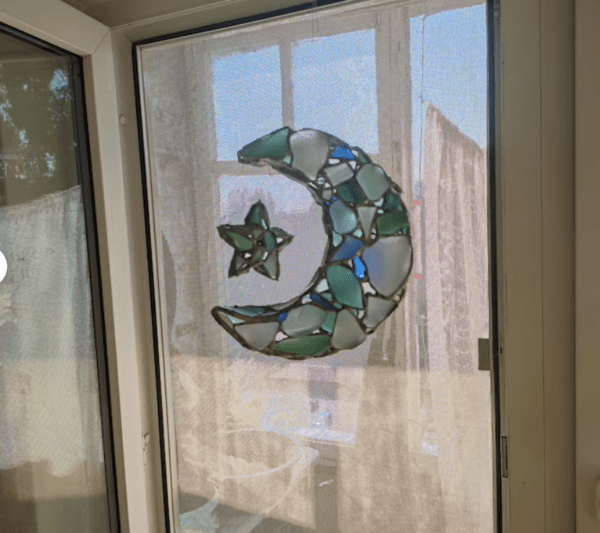 Moon + star sea glass night light, crescent stained glass wall or window hanging, suncatcher - Image 5