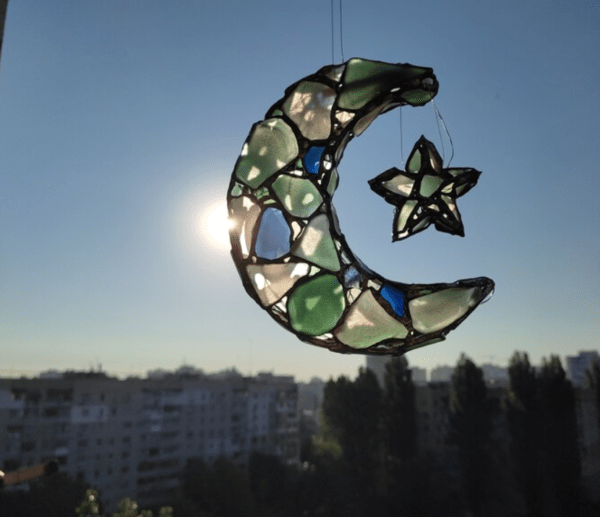 Moon + star sea glass night light, crescent stained glass wall or window hanging, suncatcher - Image 4