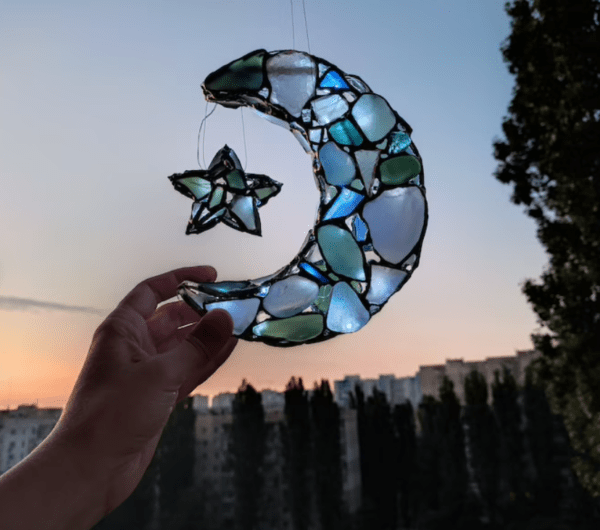 Moon + star sea glass night light, crescent stained glass wall or window hanging, suncatcher - Image 2