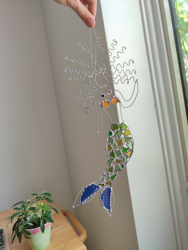 Mermaid stained glass suncatcher, recycled art home decor - Image 2