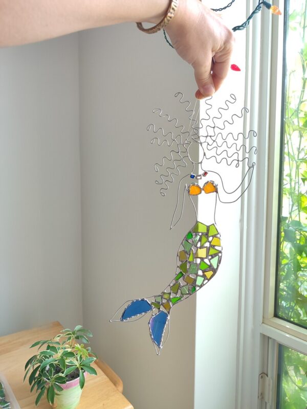 Mermaid stained glass suncatcher, recycled art home decor - Image 8