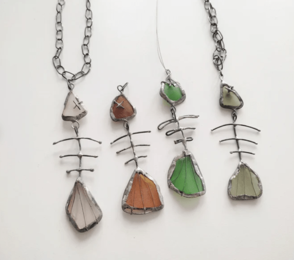 Seaglass fish skeleton / bone necklace, unique statement upcycled jewelry, wearable art - brutal and heavy