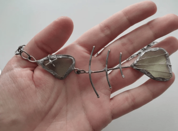 Seaglass fish skeleton / bone necklace, unique statement upcycled jewelry, wearable art - brutal and heavy - Image 4