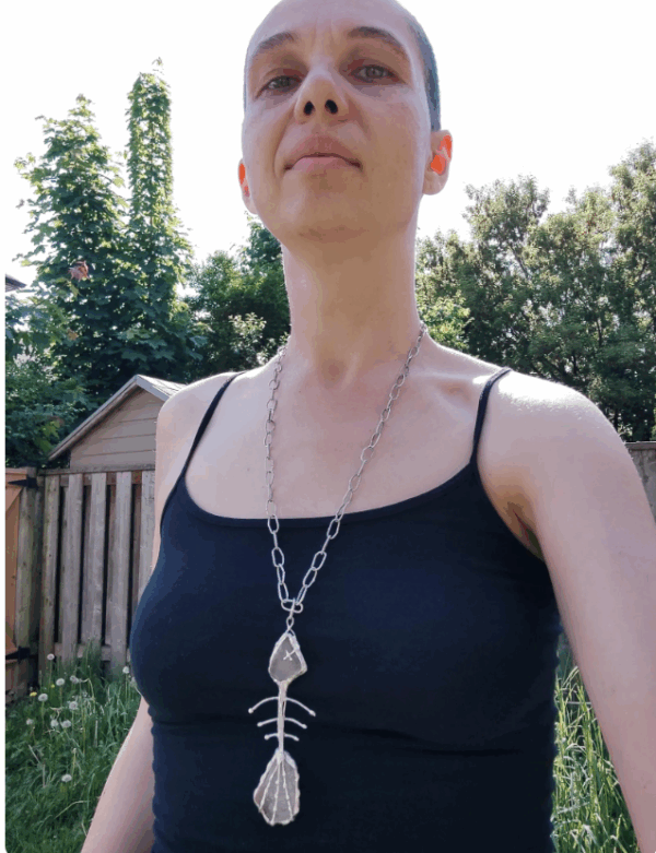Seaglass fish skeleton / bone necklace, unique statement upcycled jewelry, wearable art - brutal and heavy