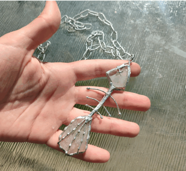 Seaglass fish skeleton / bone necklace, unique statement upcycled jewelry, wearable art - brutal and heavy - Image 5