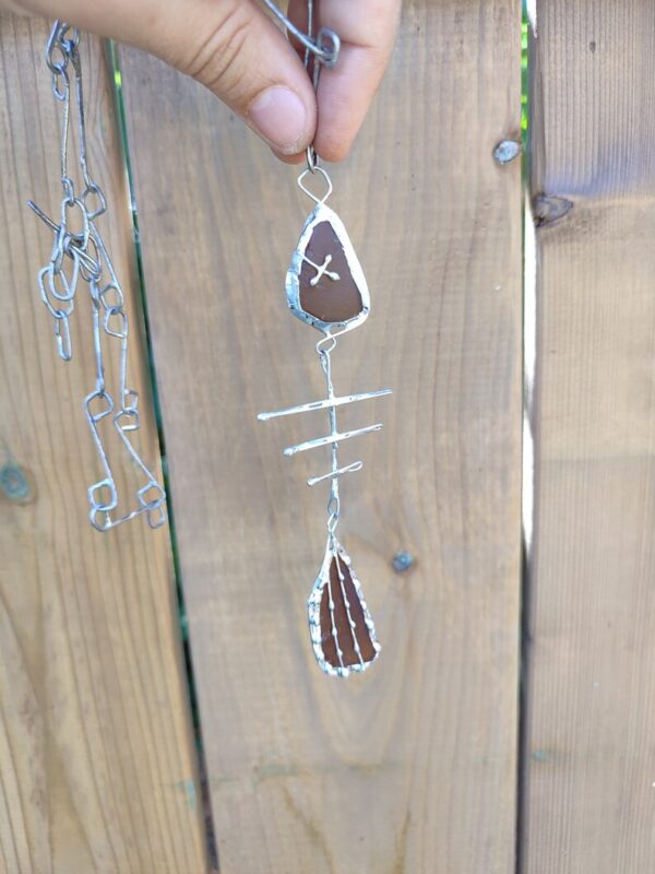 Seaglass fish skeleton / bone necklace, unique statement upcycled jewelry, wearable art - brutal and heavy - Image 8