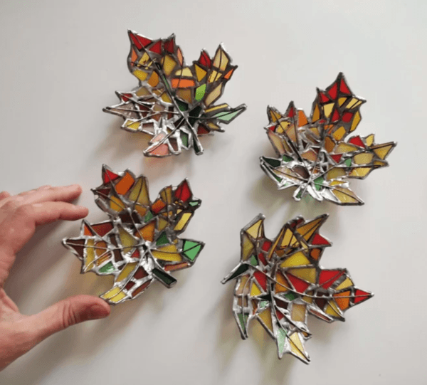 Stained glass maple leaf ring dish, mosaic upcycled art, sea stained glass